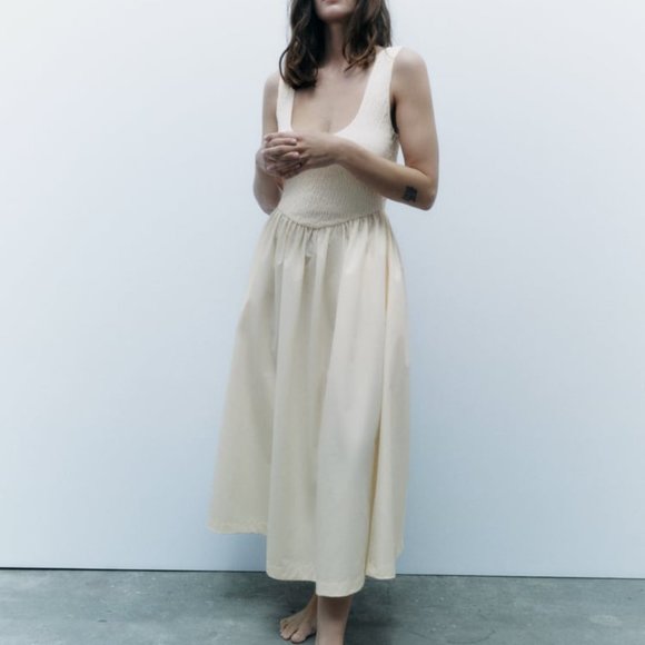 NWT ZARA CONTRASTING MIDI DRESS  CREAM - REF 4938/010 L - Picture 1 of 10